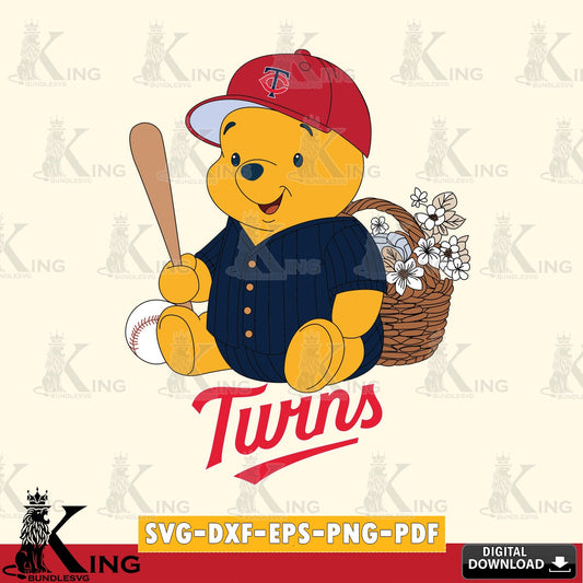 Custom design featuring Minnesota Twins Winnie the Pooh with flower baseball SVG cut file for personalized gifts and laser