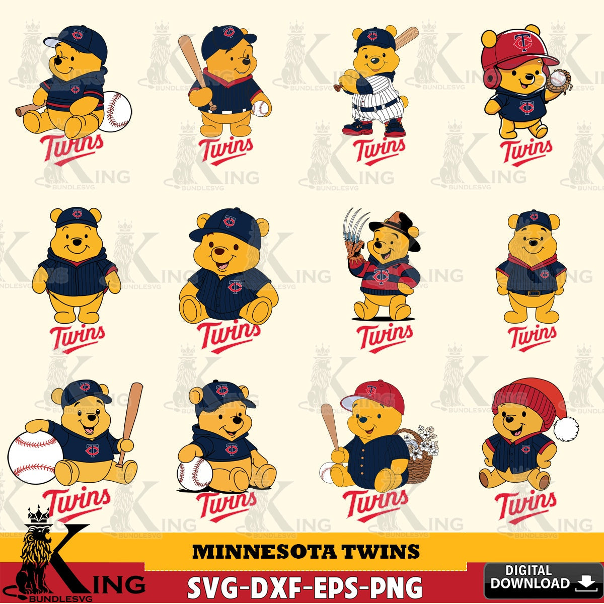 Massive pack of Minnesota Twins Winnie the Pooh MLB baseball bundle vector art for engraving, cutting, and printing.