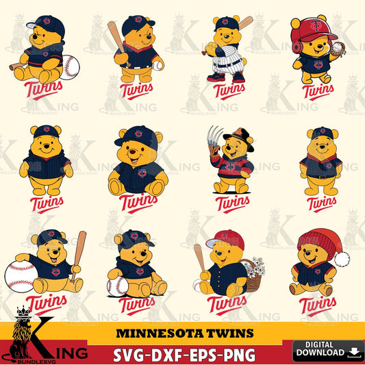 Massive pack of Minnesota Twins Winnie the Pooh MLB baseball bundle vector art for engraving, cutting, and printing.
