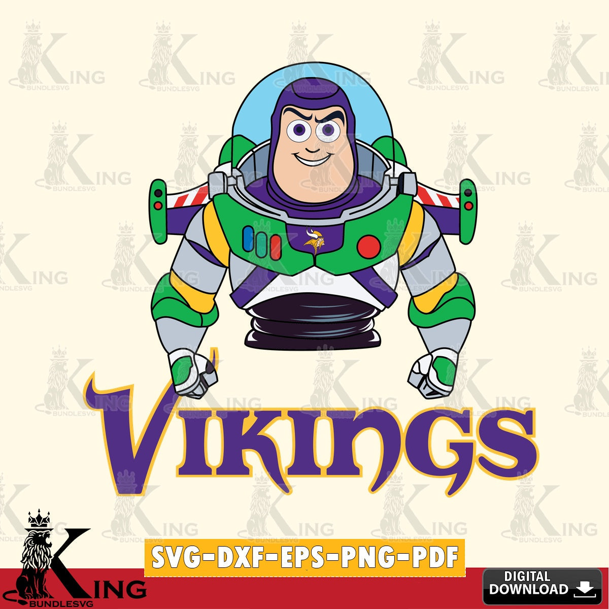 High-quality graphic of a Minnesota Vikings Buzz Lightyear football, cut file ideal for vinyl projects and T-shirt printing.