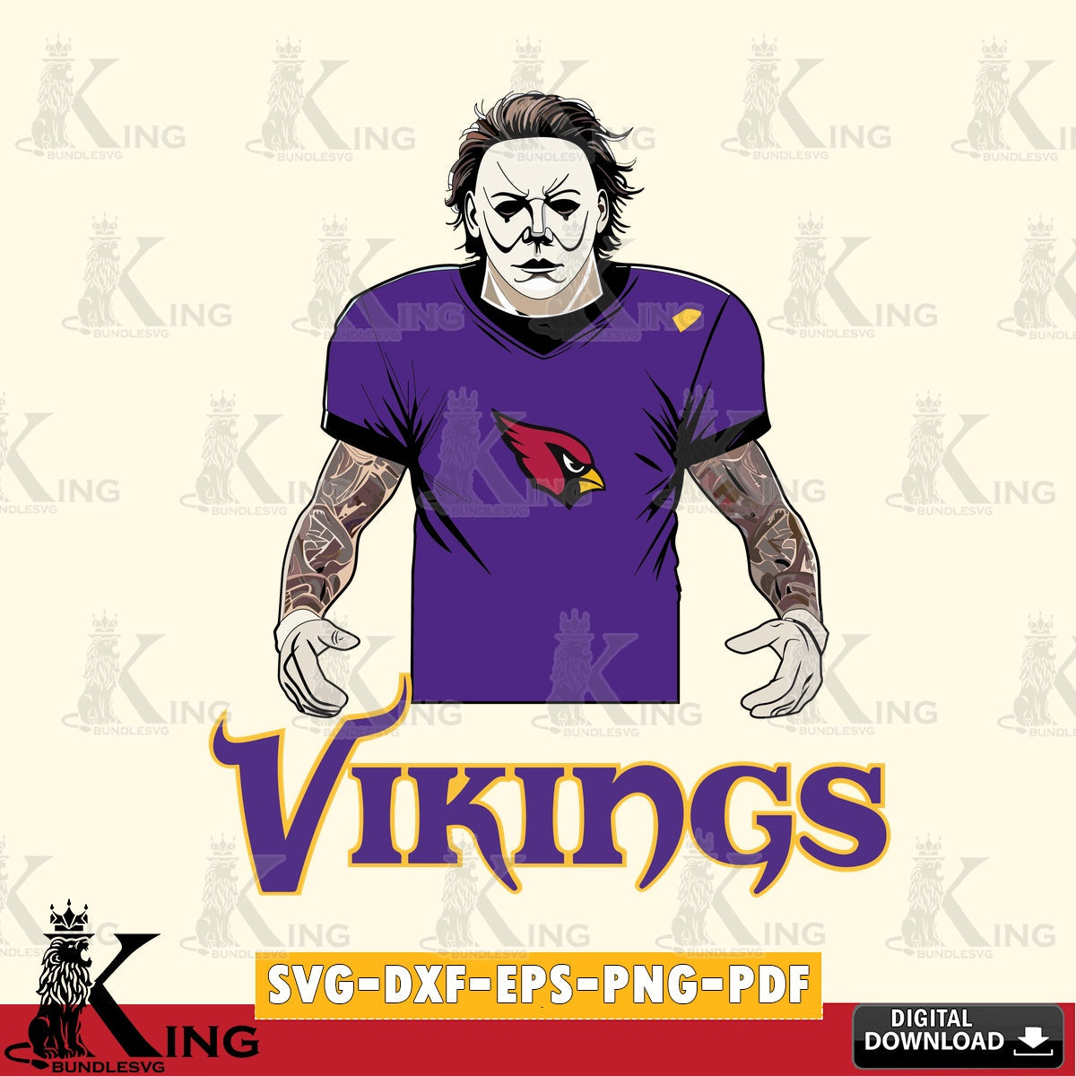 Vector design showing a Minnesota Vikings Michael Myers tattoo football, vector art for engraving, cutting, and printing