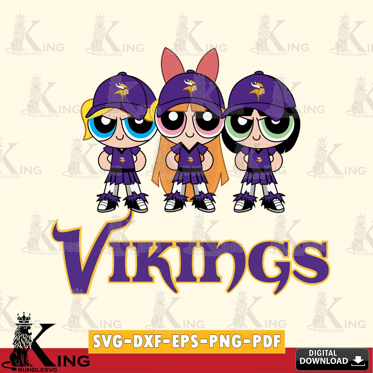 Artistic drawing of Minnesota Vikings PowerPuff Girls Football, SVG PNG files perfect for Cricut and Silhouette cutting
