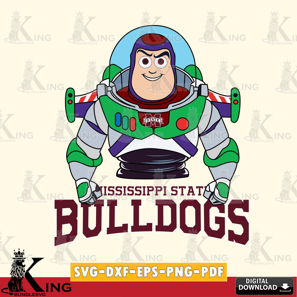 High-quality graphic of Mississippi State Bulldogs Buzz Lightyear Football, NCAA, PNG clipart for sublimation printing and