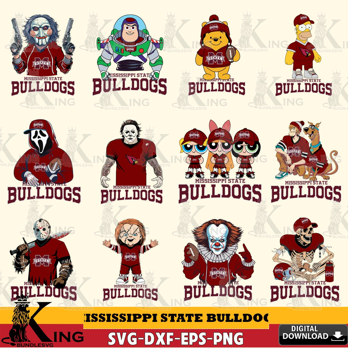 Jumbo collection of Mississippi State Bulldogs cartoon football NCAA bundle, printable vector design for sublimation and crafts
