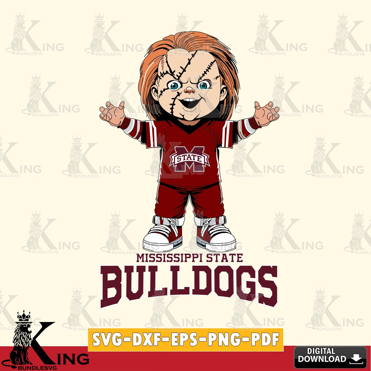 Modern graphic depicting Mississippi State Bulldogs Chucky Football, a digital clipart compatible with laser engraving and cutting