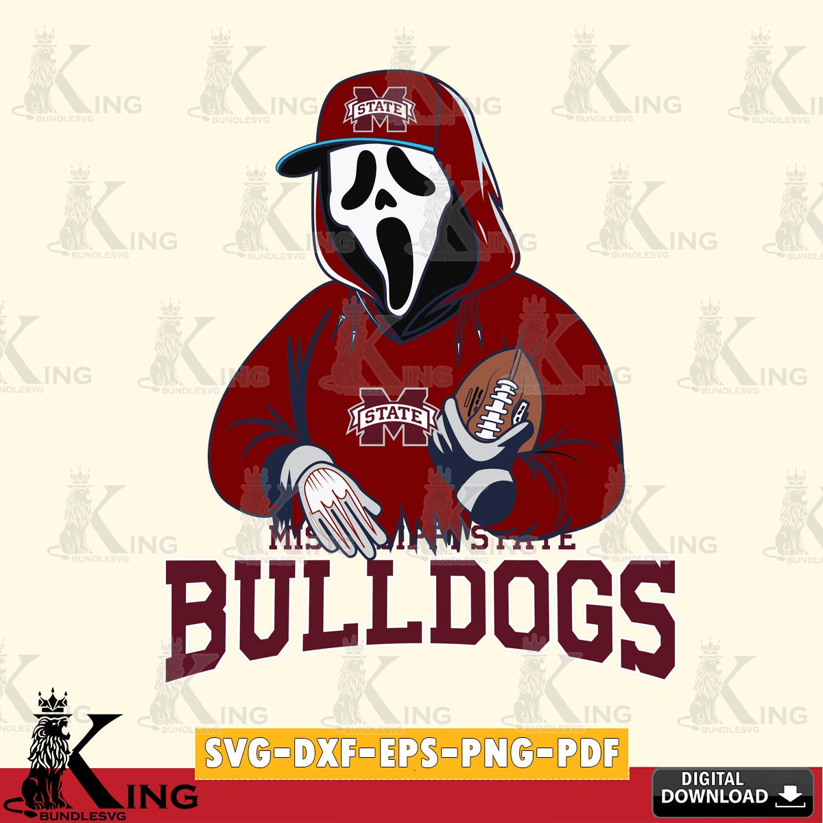 Vector design showing a Mississippi State Bulldogs Ghostface Scream football player, a cut file ideal for vinyl projects and