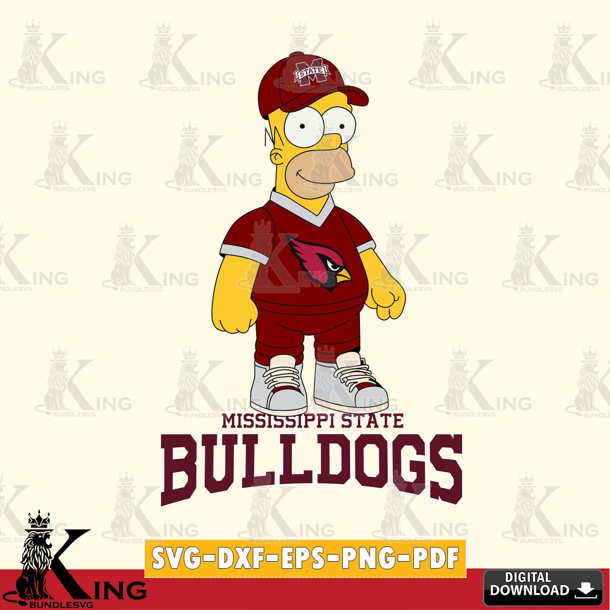 Printable art of Mississippi State Bulldogs Homer Simpson playing football vector illustration for POD merchandise and apparel