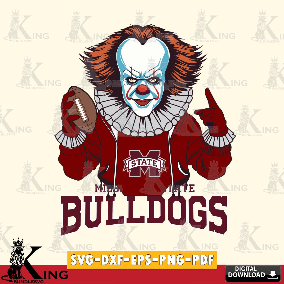Detailed illustration of Mississippi State Bulldogs Pennywise Player Football, crafting file for iron-on transfer and vinyl decals