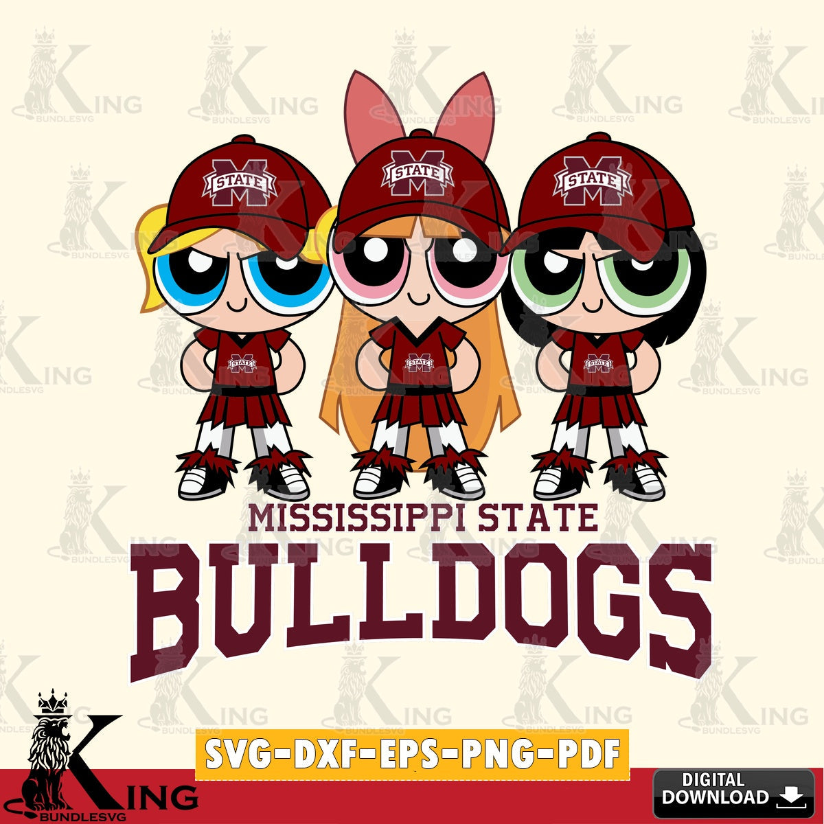 Vector design showing Mississippi State Bulldogs PowerPuff Girls football, cut file ideal for vinyl projects and T-shirt printing