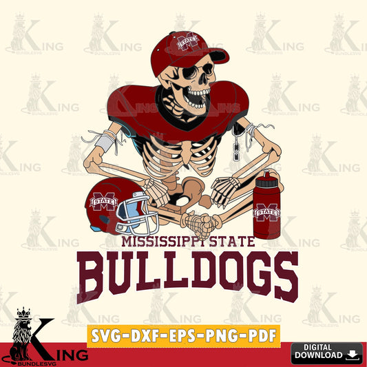 Hand-drawn style art of a Mississippi State Bulldogs skeleton football player, versatile clip art for stickers, decals, and mugs.