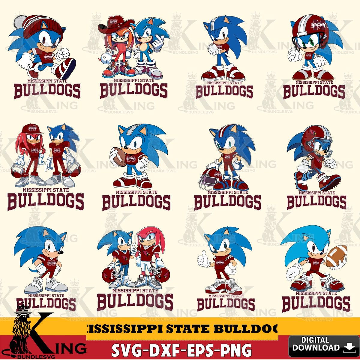 Mega bundle containing Mississippi State Bulldogs Sonic & Knuckles NCAA Football SVG PNG design suitable for Glowforge and laser