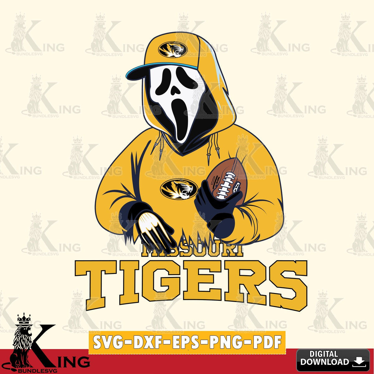 Custom design featuring a Missouri Tigers Ghostface Scream football player, a cut file ideal for vinyl projects and T-shirt