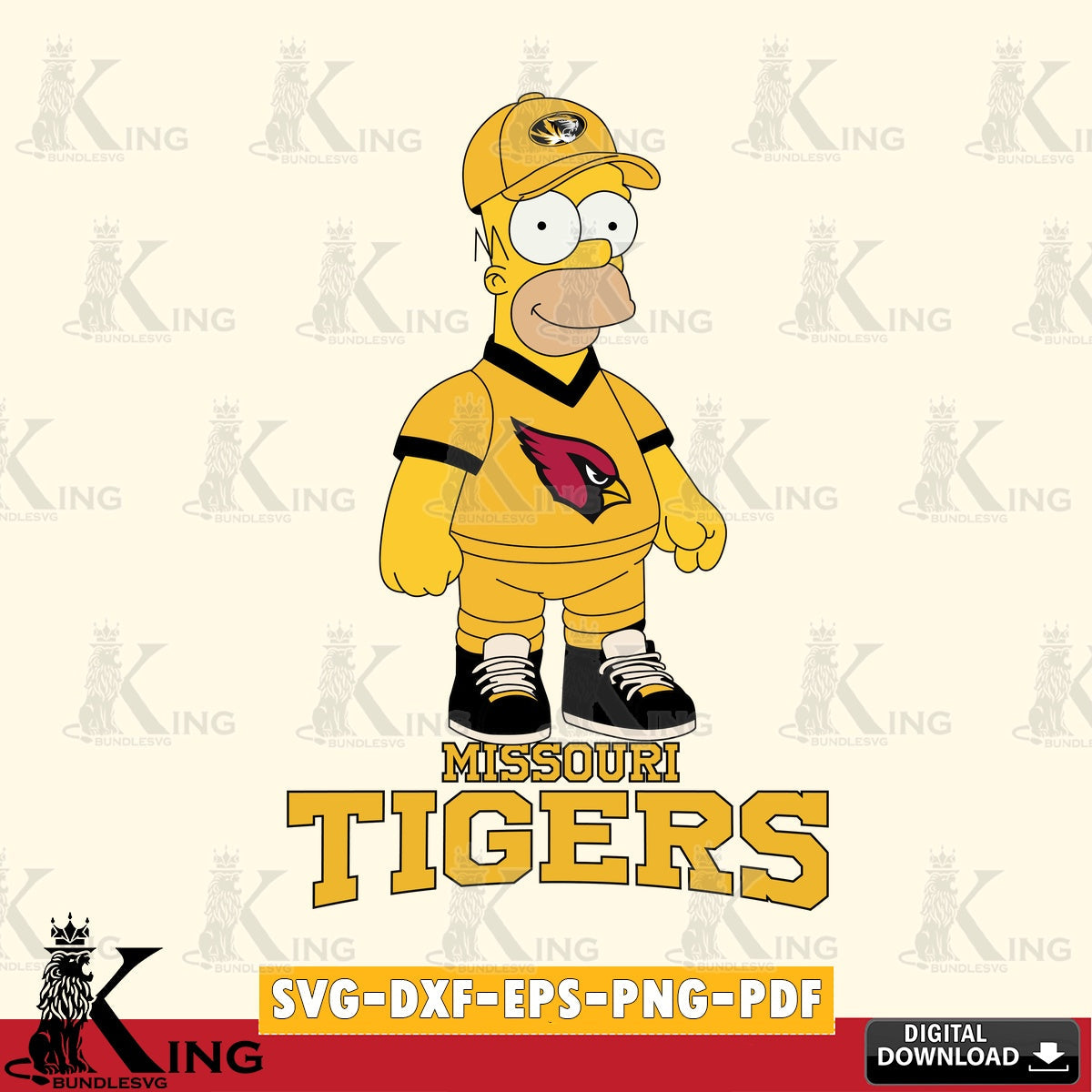 High-quality graphic of Missouri Tigers Homer Simpson playing football, SVG PNG files perfect for Cricut and Silhouette cutting