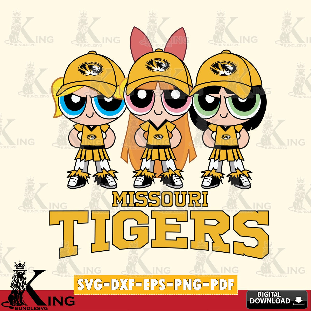 Creative design featuring Missouri Tigers PowerPuff Girls football, a printable vector design for sublimation and crafts