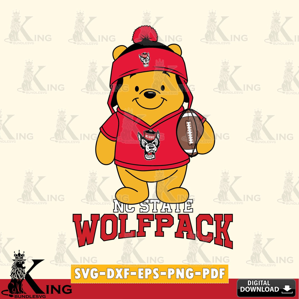 Premium pack containing NC State Wolfpack Winnie the Pooh football player, high-quality vector for DIY scrapbooking and home decor