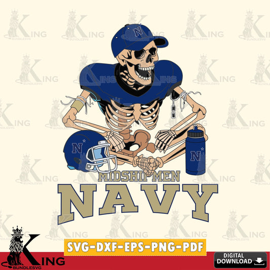 Stylish representation of Navy Midshipmen skeleton football player, vector illustration for POD merchandise and apparel