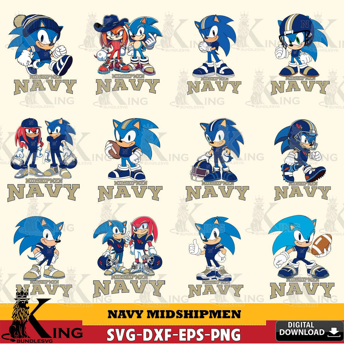 Variety pack of Navy Midshipmen Sonic & Knuckles NCAA Football bundle vector art for engraving, cutting, and printing