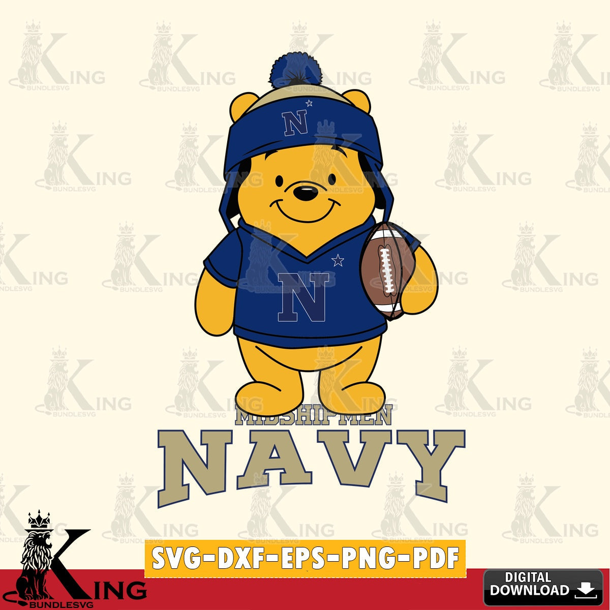 Eye-catching graphic of a Navy Midshipmen Winnie the Pooh football player, a digital clipart compatible with laser engraving and