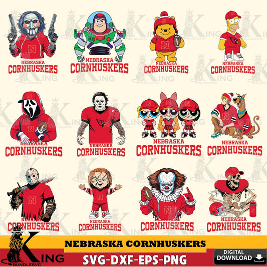 Premium pack containing a Nebraska Cornhuskers cartoon football NCAA bundle vector illustration for POD merchandise and apparel.