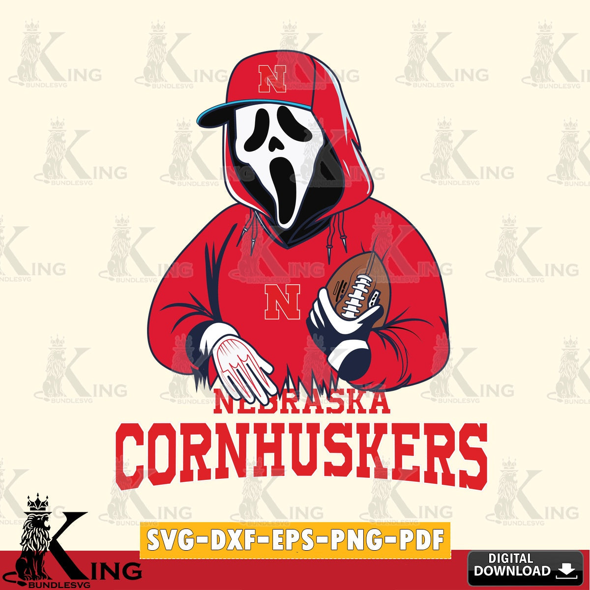 Vector design showing Nebraska Cornhuskers Ghostface Scream football player, NCAA, SVG PNG design suitable for Glowforge and