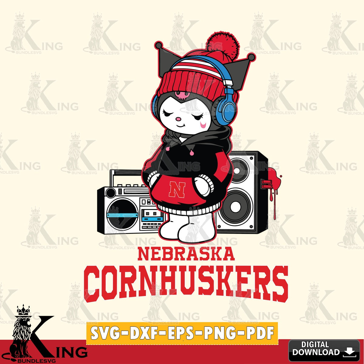 Nebraska Cornhuskers Kuromi Football Music SVG file, Cricut, Cut file  , Digital Download , Instant Download, Sanrio svg, Clipart