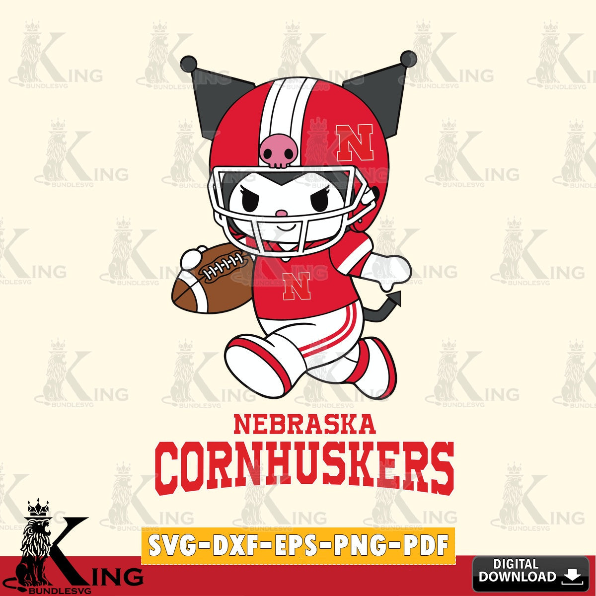 Nebraska Cornhuskers Kuromi Football Run SVG file, Cricut, Cut file  , Digital Download , Instant Download, Sanrio svg, Clipart