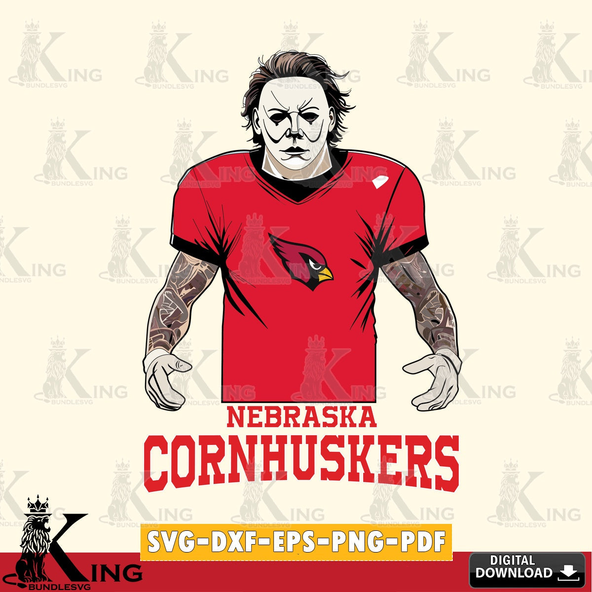 Creative design featuring a Nebraska Cornhuskers Michael Myers tattoo football, a digital download for Cricut Maker and paper