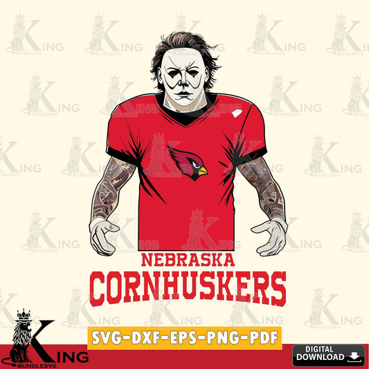 Creative design featuring a Nebraska Cornhuskers Michael Myers tattoo football, a digital download for Cricut Maker and paper