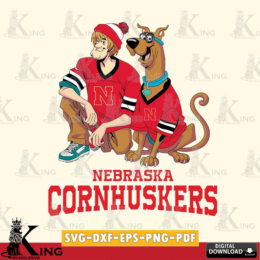 Vector design showing Nebraska Cornhuskers Shaggy and Scooby Doo football NCAA cut, digital file for silhouette cameo and cricut