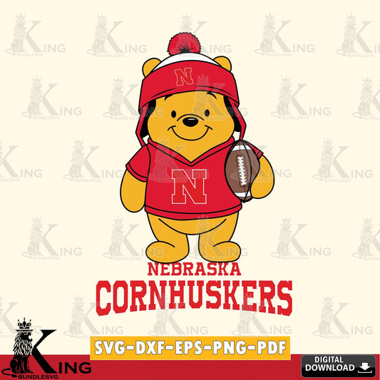 Detailed illustration of Nebraska Cornhuskers Winnie the Pooh player Football, NCAA SVG PNG design suitable for Glowforge and