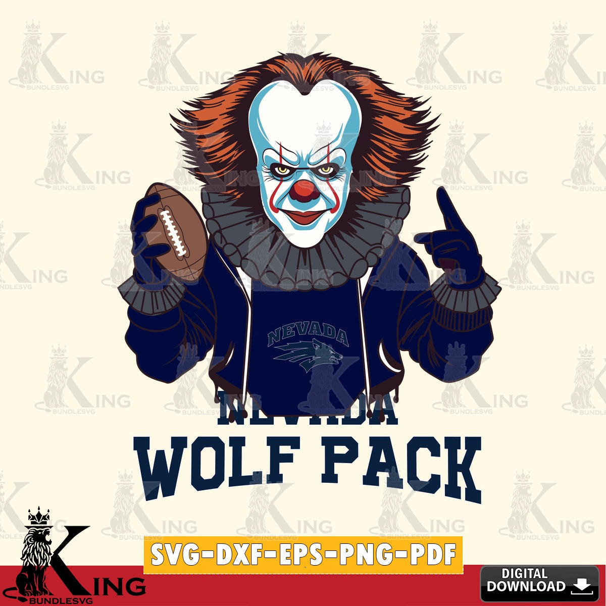 Giant set featuring Nevada Wolf Pack Pennywise player football, vector illustration for POD merchandise and apparel