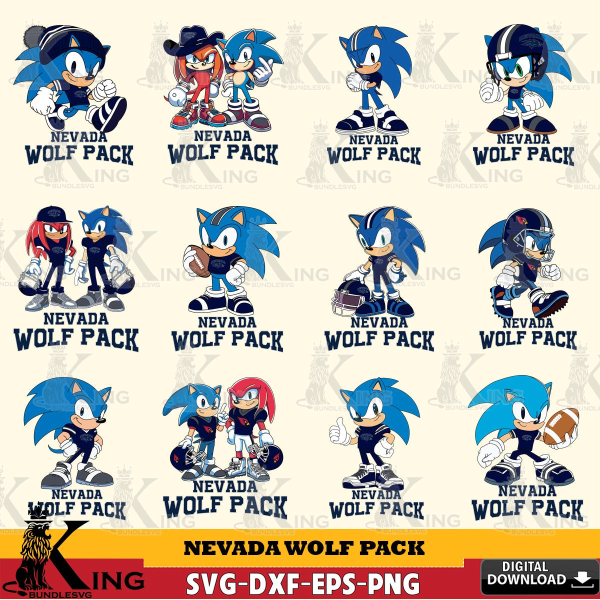 Variety pack of Nevada Wolf Pack Sonic & Knuckles NCAA Football Bundle vector illustration for POD merchandise and apparel