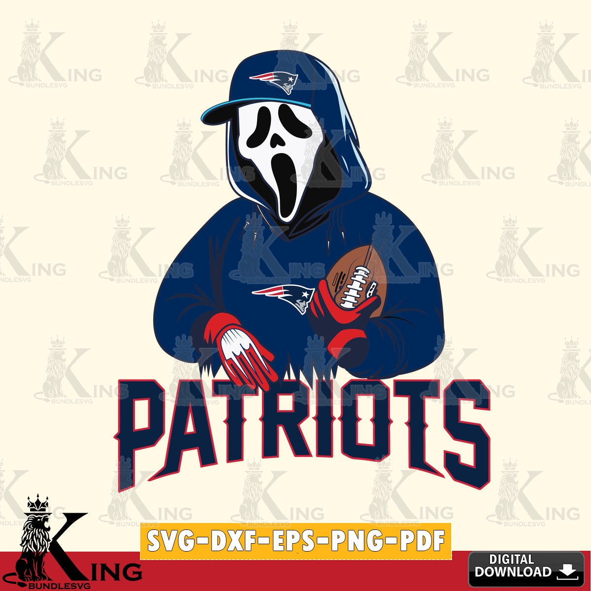 Digital download featuring a New England Patriots Ghostface Scream football player, a printable vector design for sublimation and