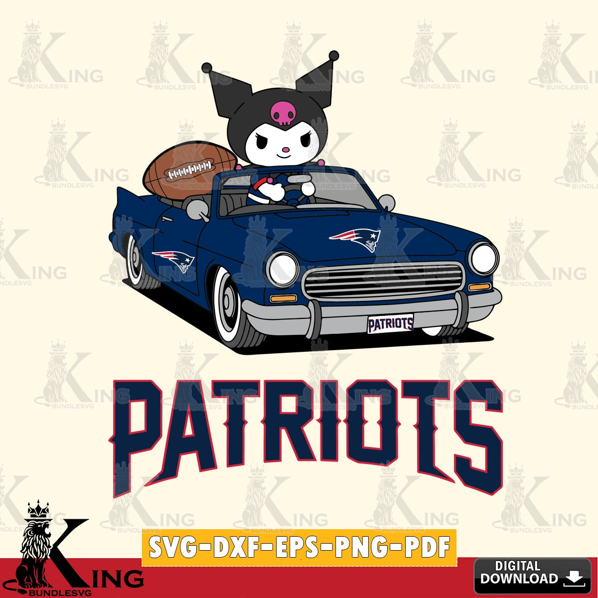 New England Patriots Kuromi Car Football Game SVG file, Cricut, Cut file  , Digital Download , Instant Download, Sanrio svg, Clipart