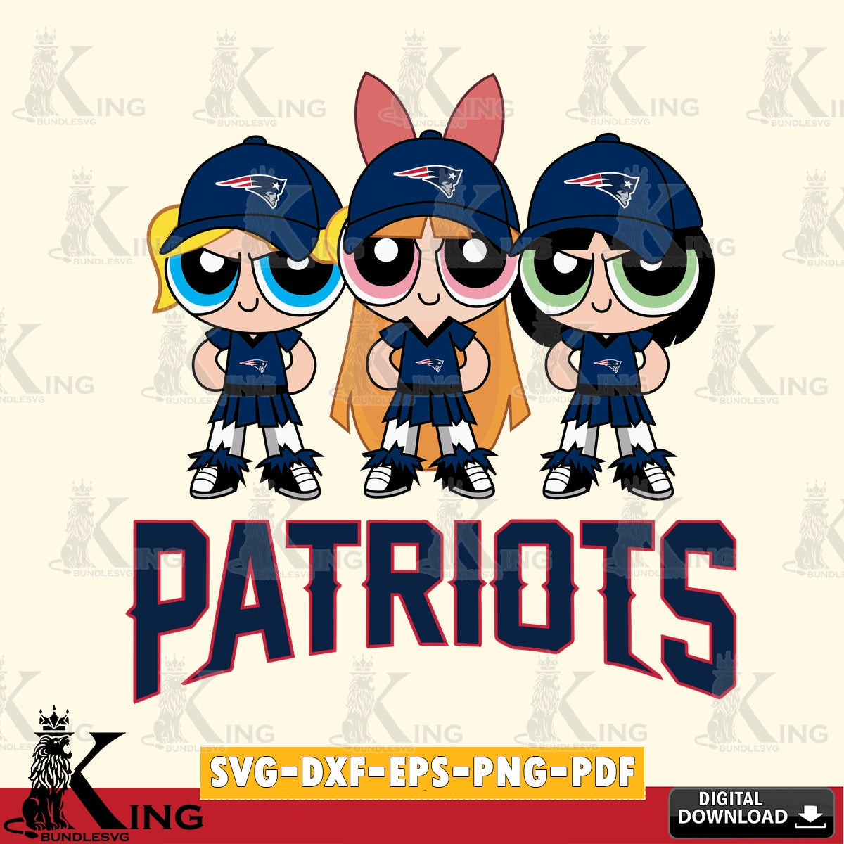 Artistic drawing of New England Patriots PowerPuff Girls football, digital download for Cricut Maker and paper crafts.
