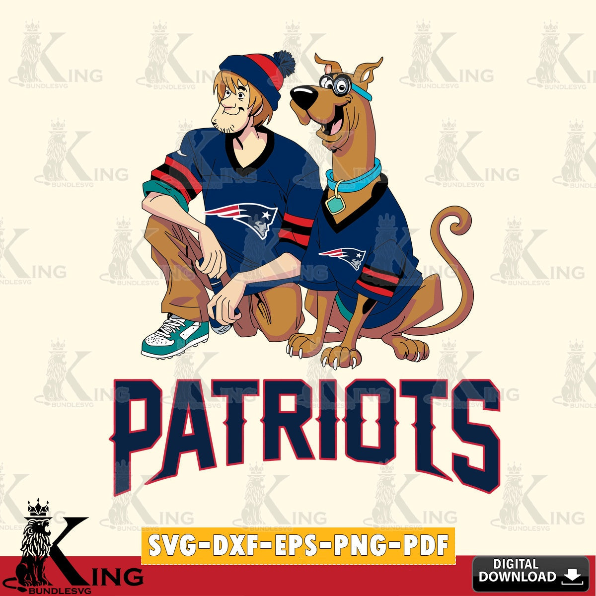 Detailed illustration of New England Patriots, Shaggy, and Scooby Doo playing football, vector art for engraving, cutting, and