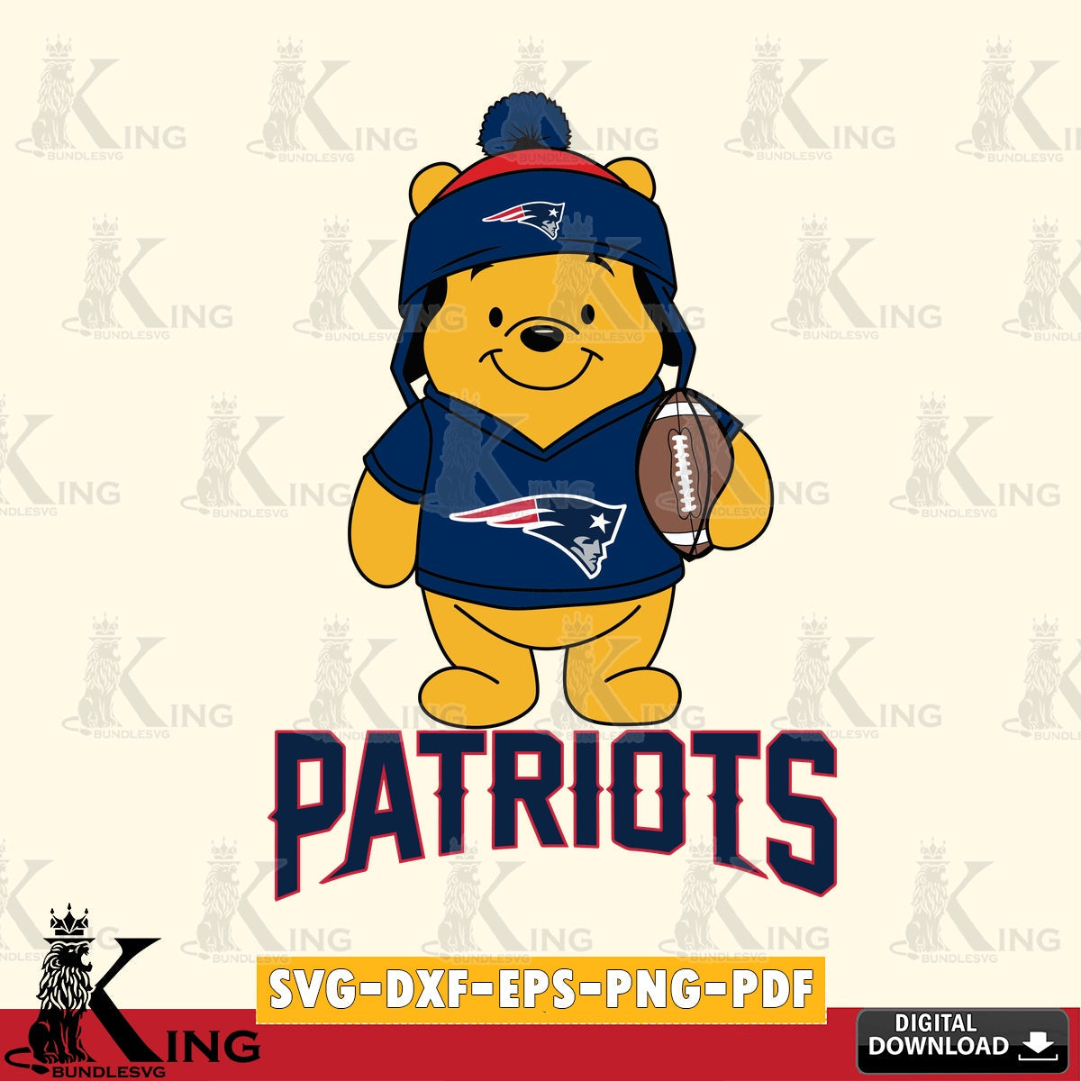 Eye-catching graphic of a New England Patriots player as Winnie the Pooh playing football, digital clipart compatible with laser