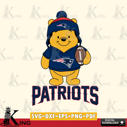Eye-catching graphic of a New England Patriots player as Winnie the Pooh playing football, digital clipart compatible with laser