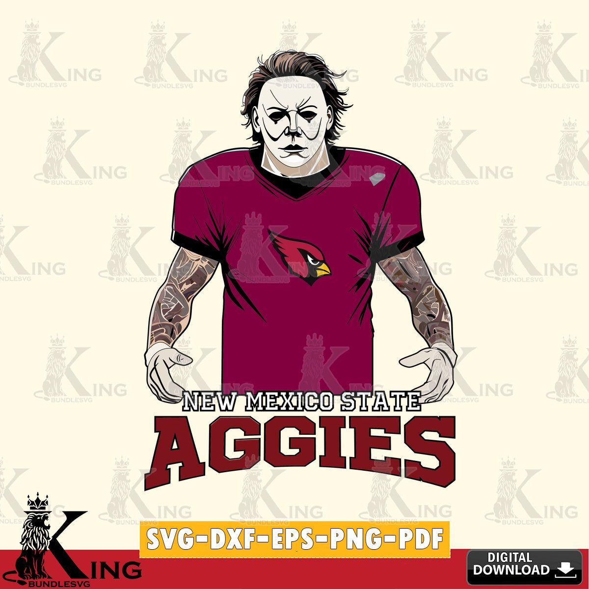 Digital clipart of New Mexico State Aggies Michael Myers tattoo football, vector illustration for POD merchandise and apparel