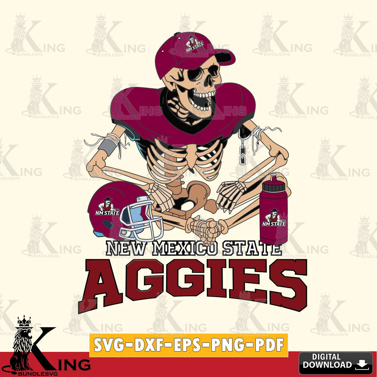 Artistic drawing of a New Mexico State Aggies skeleton player football, NCAA vector art for engraving, cutting, and printing