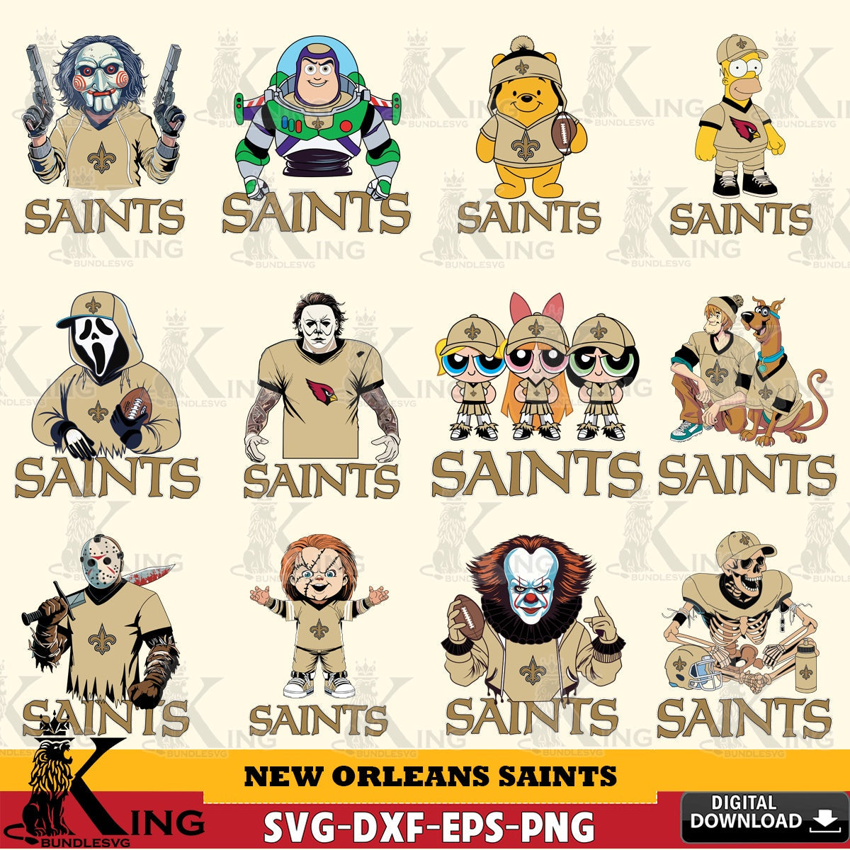Mega bundle containing New Orleans Saints cartoon football NFL designs, vector art for engraving, cutting, and printing.