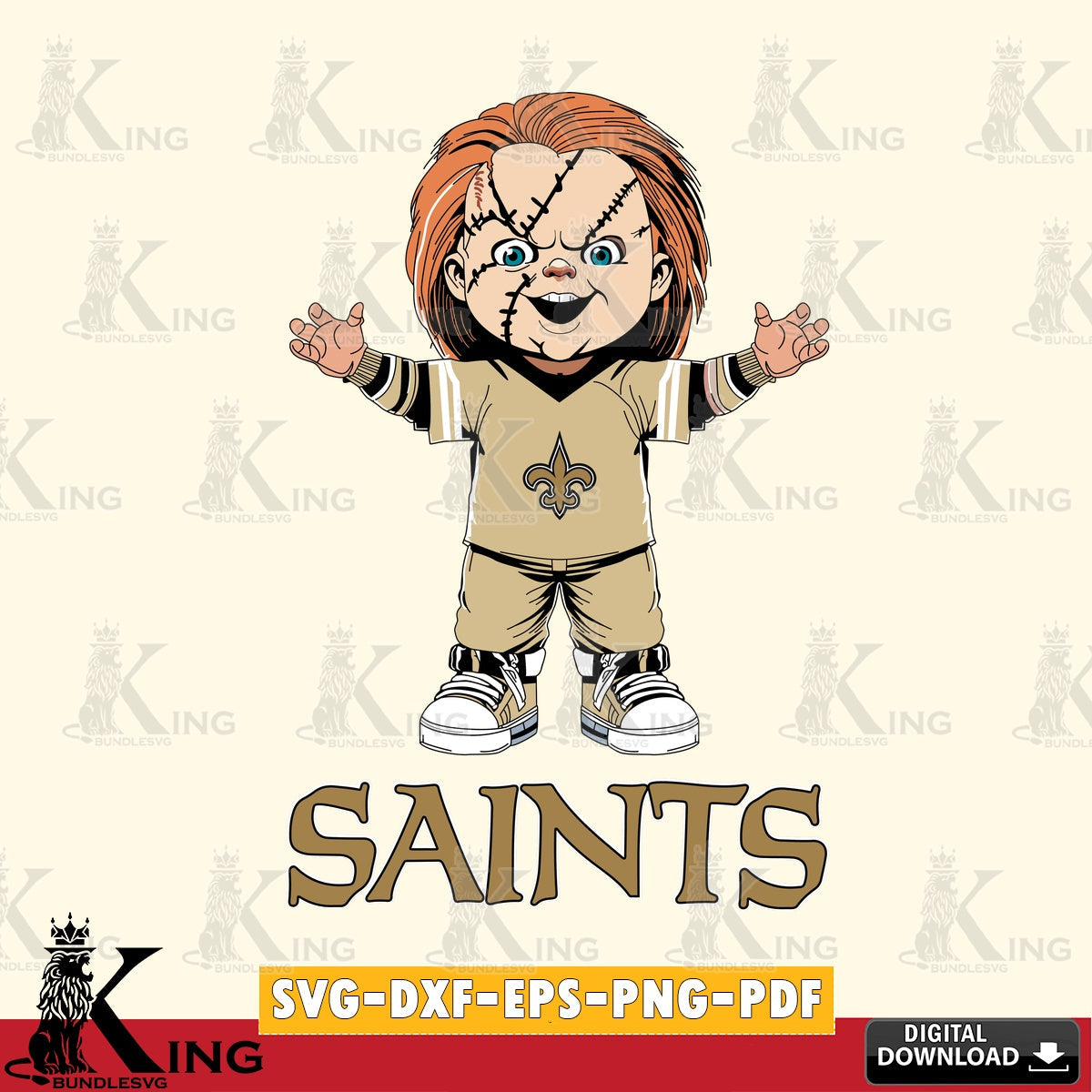 Unique artwork depicting New Orleans Saints Chucky Football, NFL file cut, vector illustration for POD merchandise and apparel