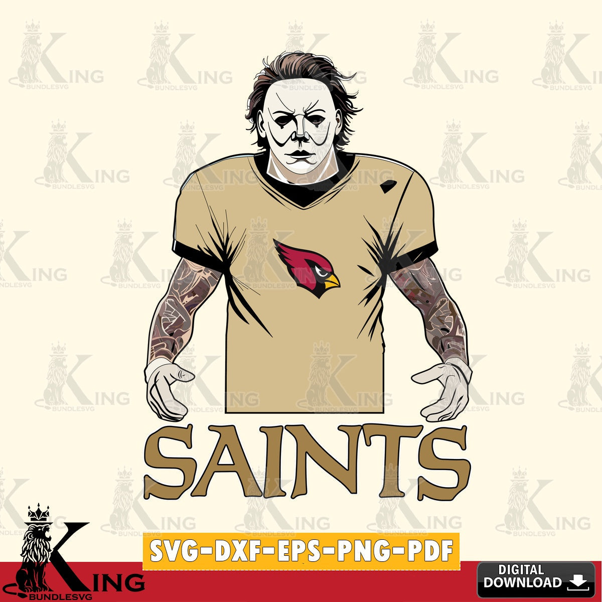 Detailed illustration of a New Orleans Saints Michael Myers tattoo football, vector art for engraving, cutting, and printing