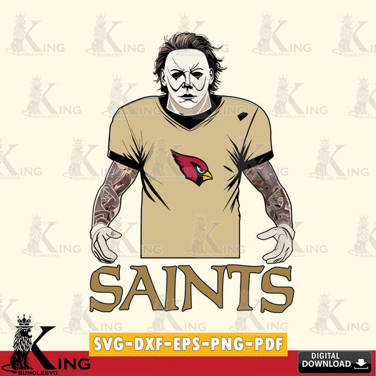 Detailed illustration of a New Orleans Saints Michael Myers tattoo football, vector art for engraving, cutting, and printing