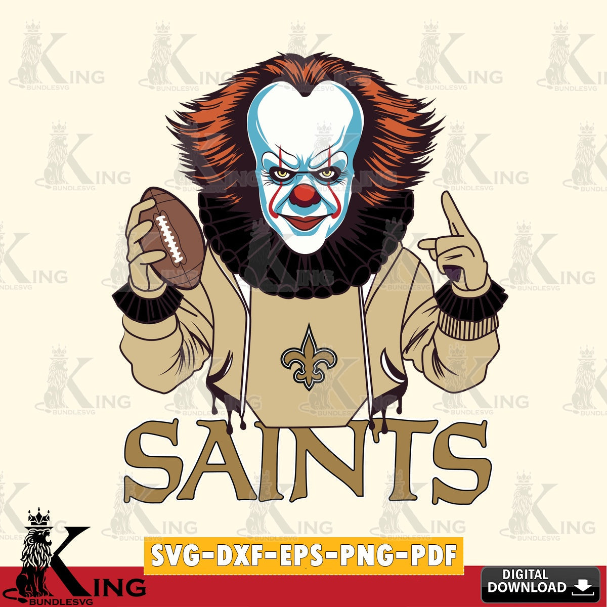 Modern graphic depicting a New Orleans Saints Pennywise football player SVG cut file for personalized gifts and laser projects