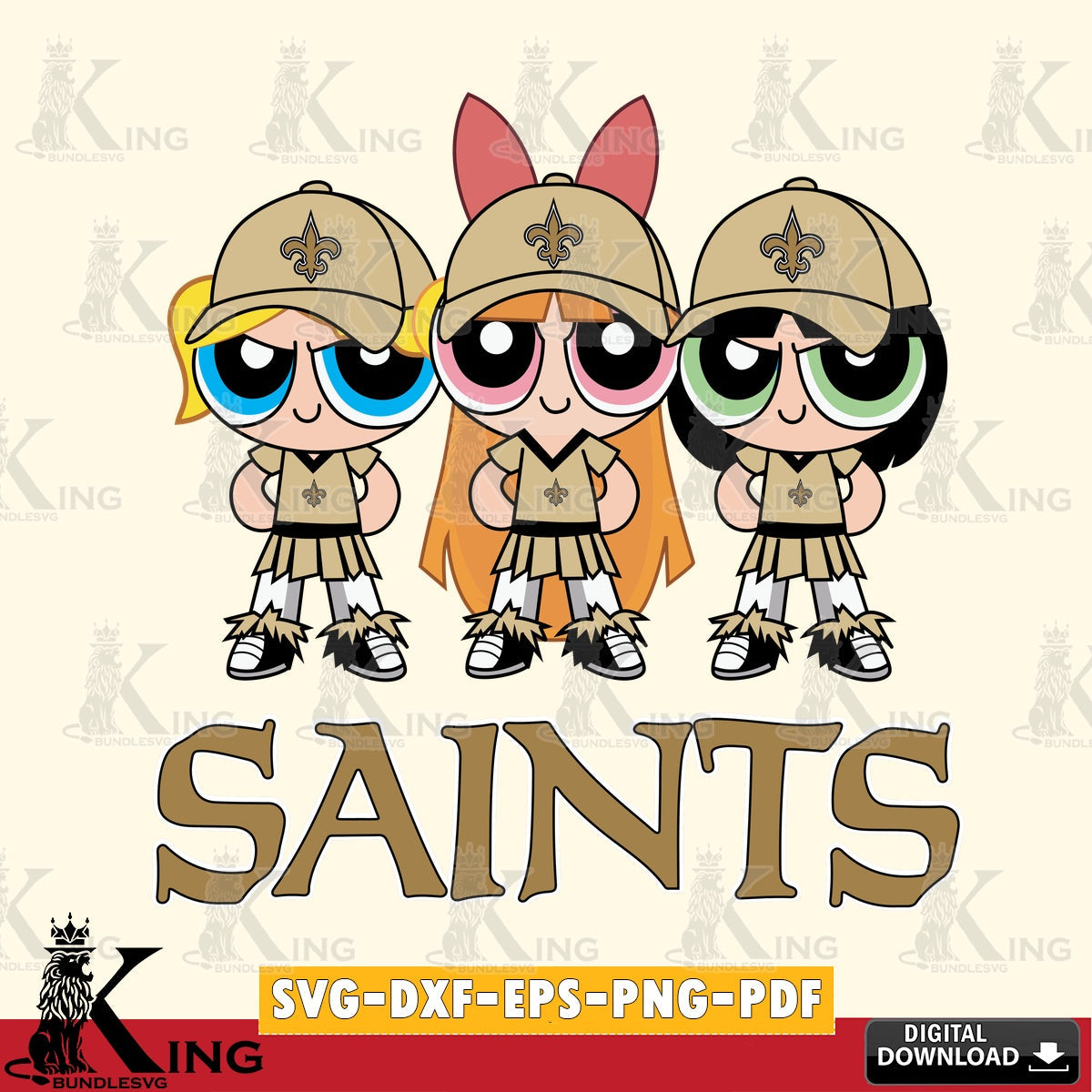 Modern graphic depicting New Orleans Saints PowerPuff Girls football, SVG PNG files perfect for Cricut and Silhouette cutting
