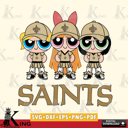Modern graphic depicting New Orleans Saints PowerPuff Girls football, SVG PNG files perfect for Cricut and Silhouette cutting