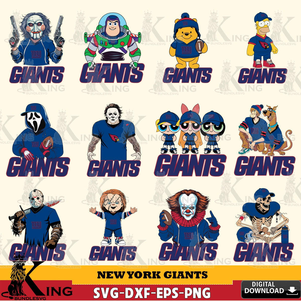 Variety pack of New York Giants cartoon football NFL bundle digital clipart compatible with laser engraving and cutting