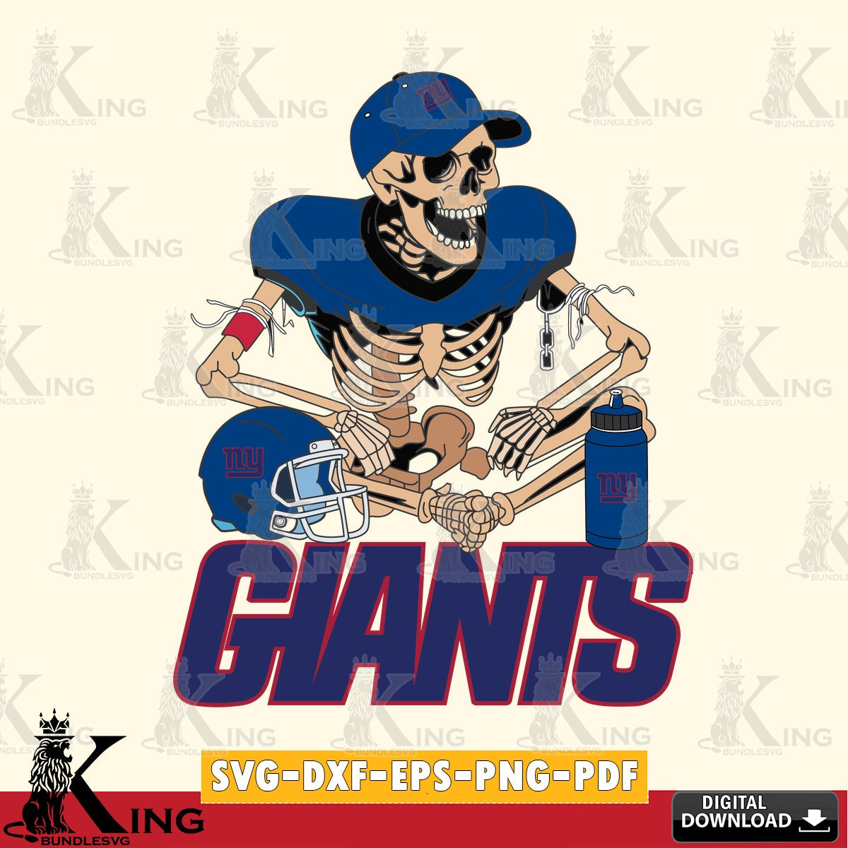 Artistic drawing of a New York Giants skeleton player playing football, versatile clip art for stickers, decals, and mugs.