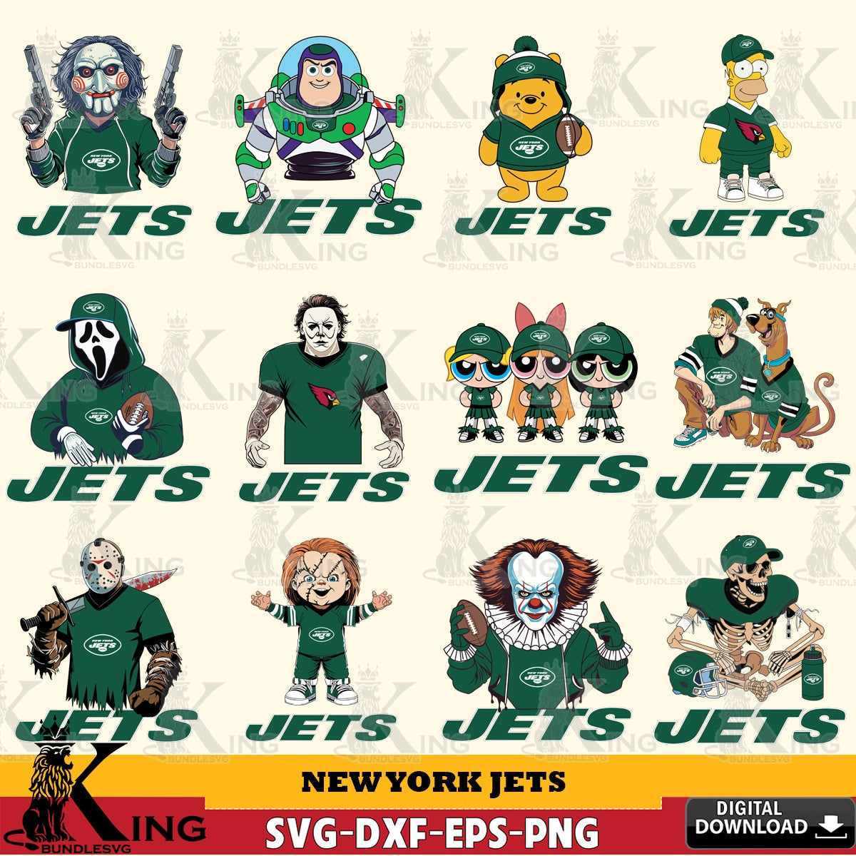 Mega bundle containing New York Jets cartoon football NFL vector art for engraving, cutting, and printing